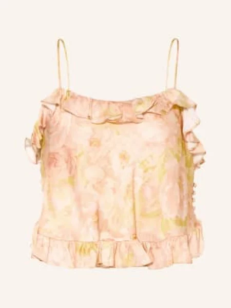 Satynowy top Sandro z falbankami żółty