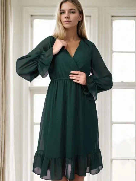 Rochie Dewberry din șifon de costum kaki
