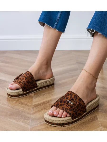 Sandale D/ceo cu platformă cu model leopard cu cataramă maro