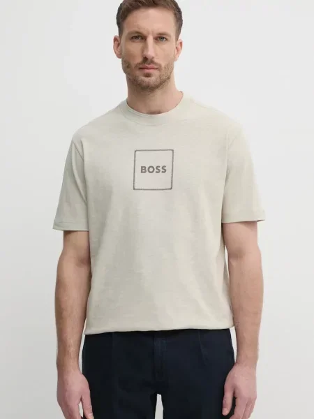 Тениска с лен BOSS Orange с принт бежово