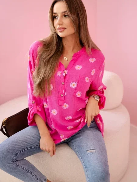 Bluză Kesi Włoski de in cu model floral cu mâneci lungi roz