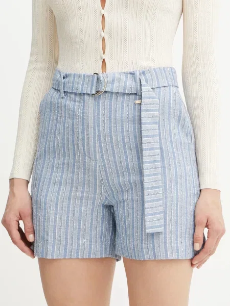 Fracomina pantaloni scurți din amestec de in cu imprimeu high waist albastru