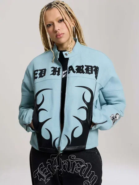 Ed Hardy Prechodná bunda Gothic Flames nebesky modrá čierna