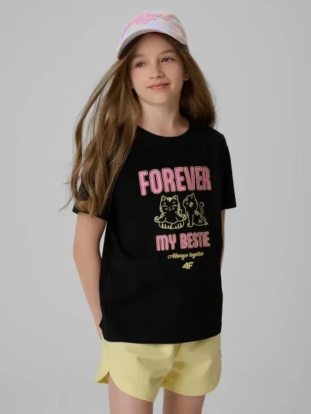 T-shirt regular z nadrukiem dziewczęcy 4F czarna