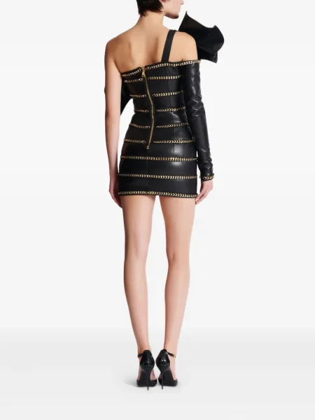 Rochie mini Balmain din piele asimetrică negru