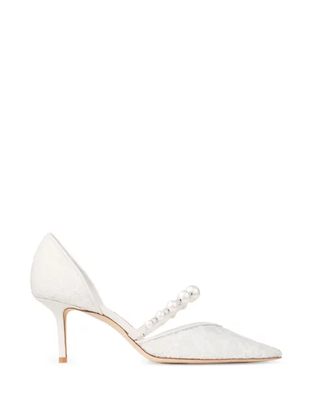 Pantofi cu toc Jimmy Choo cu perle din dantelă alb