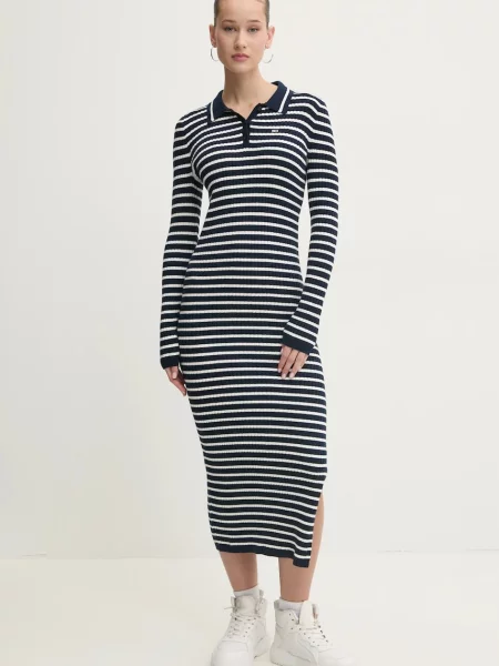 Tommy Jeans sukienka z domieszką wełny granatowy maxi dopasowana