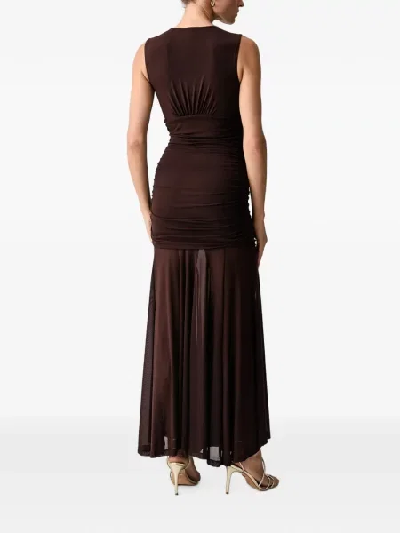 Rochie maxi Bardot cu volane drapată maro