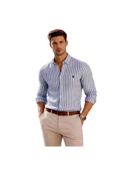 Koszula lniana o kroju regular fit z kołnierzykiem typu button down model H-LIAM-BD' Hugo niebieska