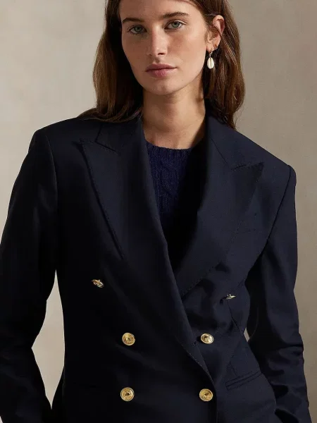 Шерстяной однотонный двубортный пиджак Polo Ralph Lauren синий