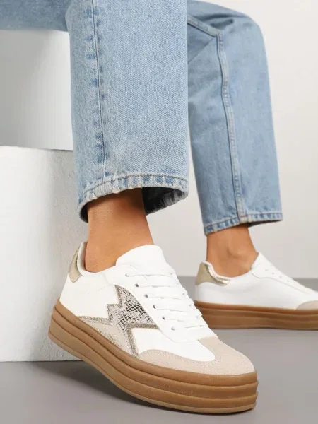 Złoto-Białe Sneakersy w Stylu Tenisówek Ozdobione Geometrycznym Wzorem Tolivanna białe