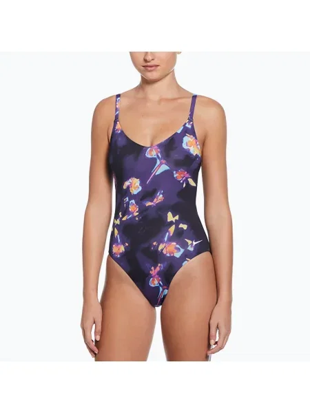 Costum de baie dintr-o piesă pentru femei Nike Floral Blur V-Neck black negru
