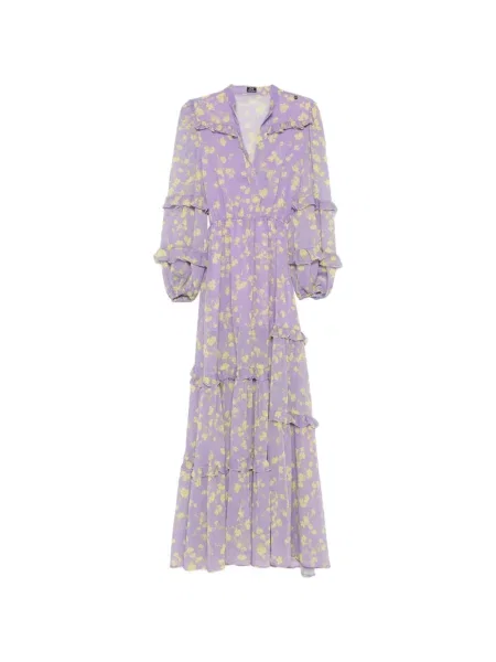 Sukienka maxi Catalina D'anglade w kwiatki z falbankami garniturowa fioletowa