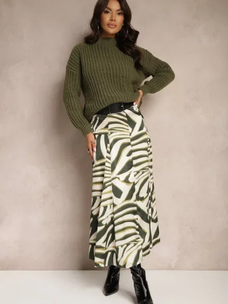 Fusta Închis Lungă cu Împletită Decorată cu Imprimeu Animalier Gabas verde