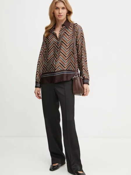Шелковая классическая ошейниковый рубашка Luisa Spagnoli коричневая