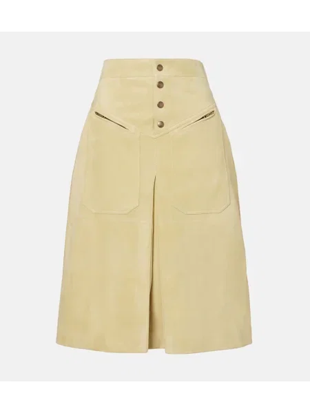 Fustă midi Chloé din piele de căprioară până la genunchi galben