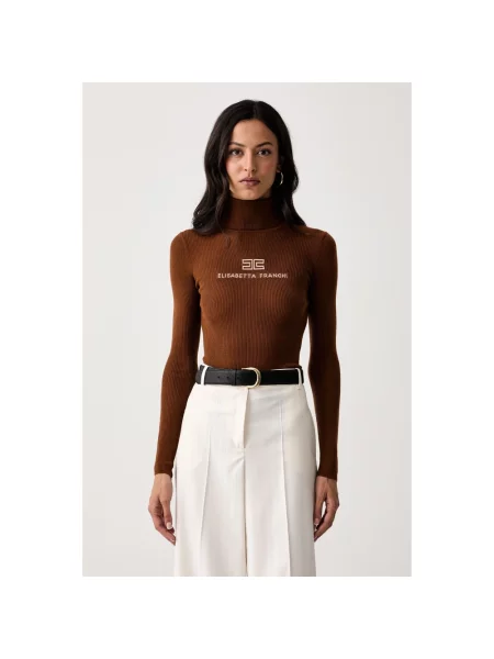 Sweter z golfem Elisabetta Franchi wełniany brązowy