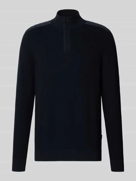 Sweter z dzianiny z poduszkami na ramionach Bugatti granatowy