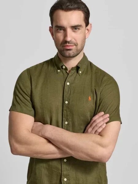 Ralph Lauren Koszule Mężczyzna Zielony L Len Custom FIT Linen Shirt Olive Green oliwkowa