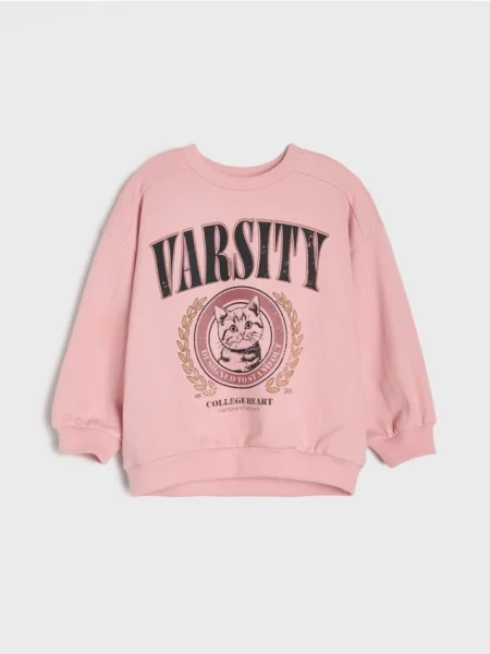 Sinsay Mikina crewneck s potiskem kočky z terry tkaniny růžová
