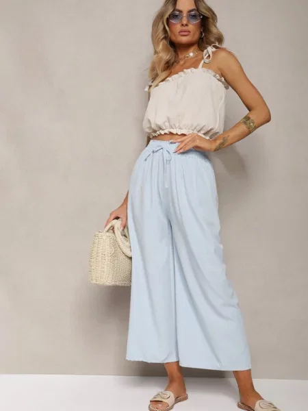 Jasnoniebieskie Spodnie High Waist z Szerokimi Nogawkami z Wiskozą Wykończone Gumką w Talii Crisantas niebieskie