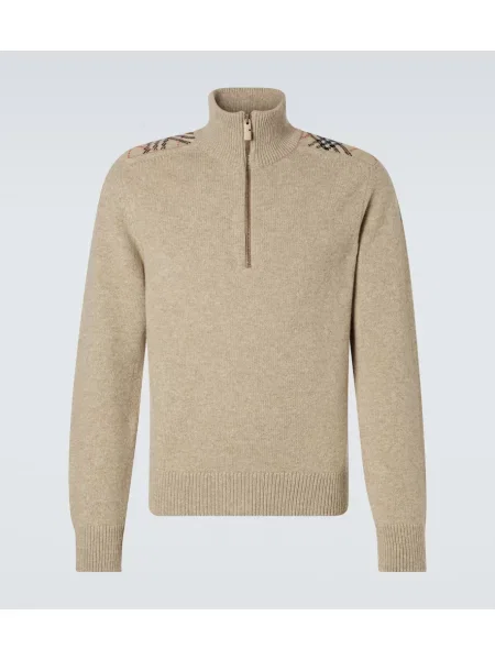 Pulover Burberry de lână în carouri de jumătate de fermoar bej