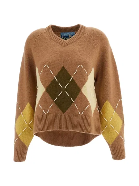 Pulover Arch4 cu decolteu în V cu model argyle maro