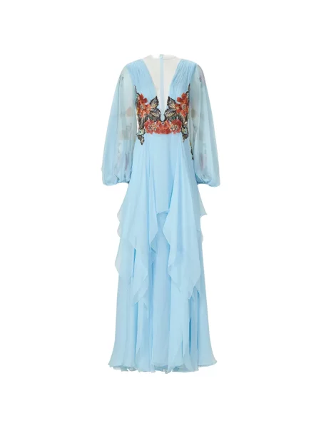 Rochie maxi Costarellos cu model floral cu aplicații de costum albastru