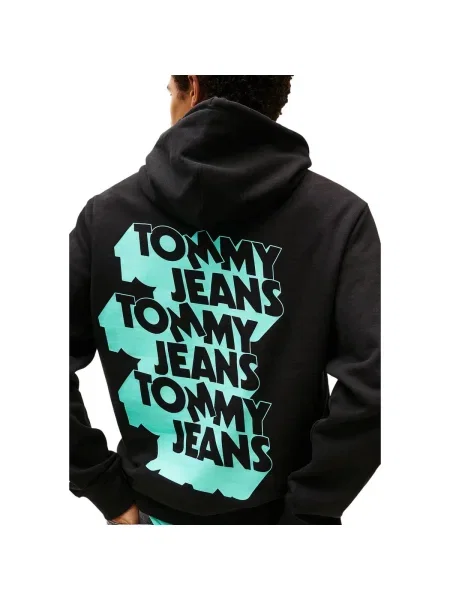 Tommy Jeans melegítőfelső nyomott mintás kapucnis fekete