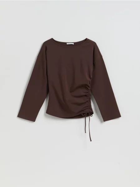 Reserved Longsleeve z marszczeniem ciemnobrązowy