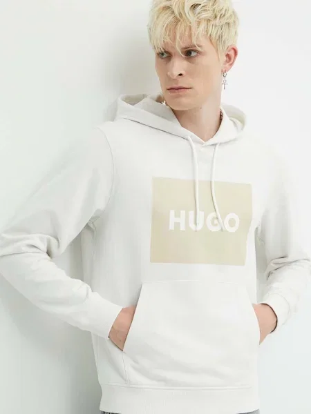 Суичър с качулка Hugo с качулка с принт бежово