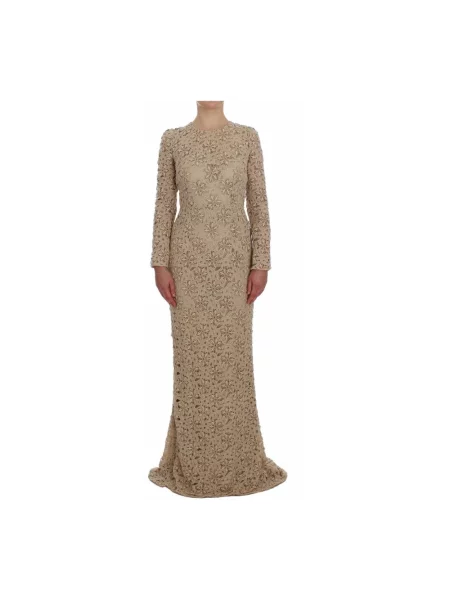 Lniana sukienka maxi Dolce And Gabbana beżowa