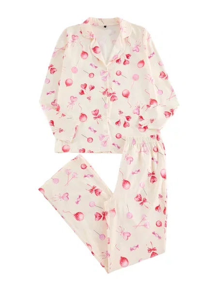 Trendyol Pijama ecru / roz închis roșu