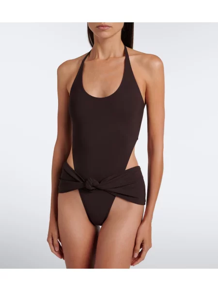 Strój kąpielowy Alaïa z dekoltem halter drapowany brązowy