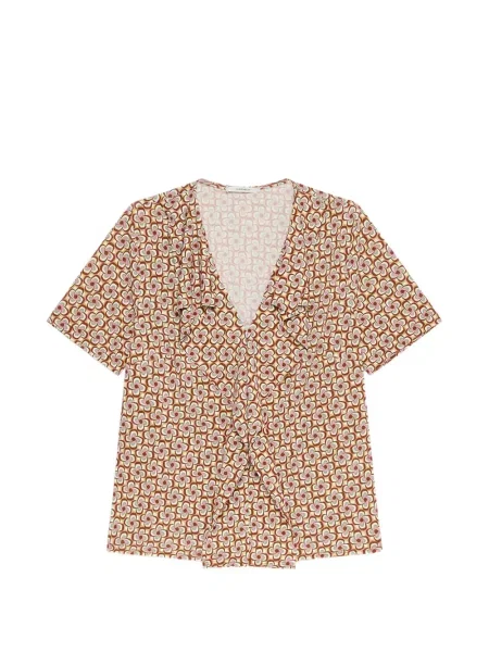 Top Maliparmi cu decolteu în V cu volane cu imprimeu geometric maro