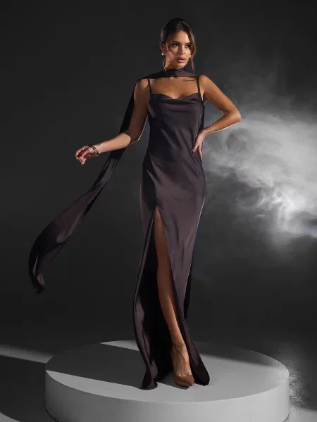 Сукня максі ISSA Plus темно-коричневий шовк коричнева