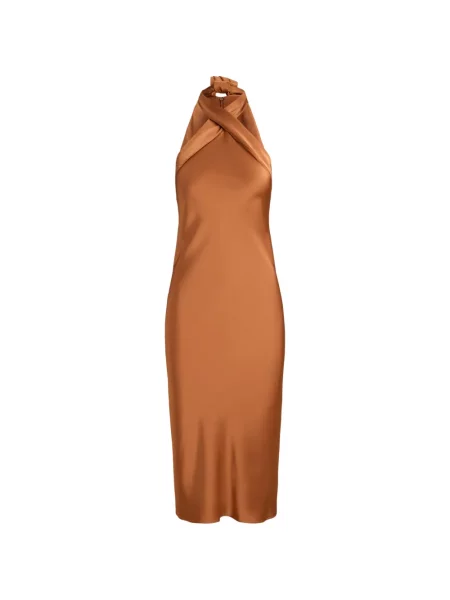 Rochie midi Lauren Ralph Lauren cu legături cu gât halter portocaliu