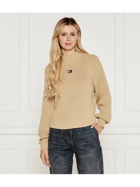 Pulover Tommy Jeans cu guler înalt bej