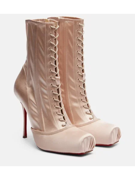 Сатенени боти до глезена Christian Louboutin изрязани розово