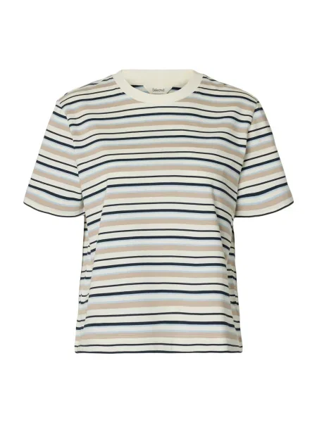SELECTED Tricou SLFESSENTIAL crem / kitt / albastru deschis / albastru închis alb