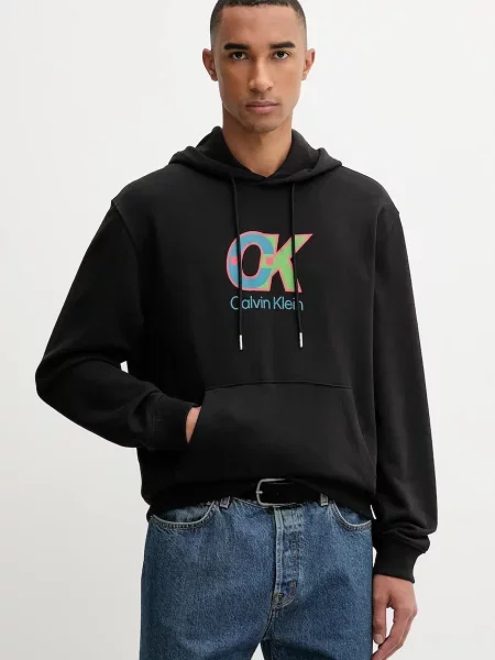 Суичър с качулка Calvin Klein с качулка с принт черно