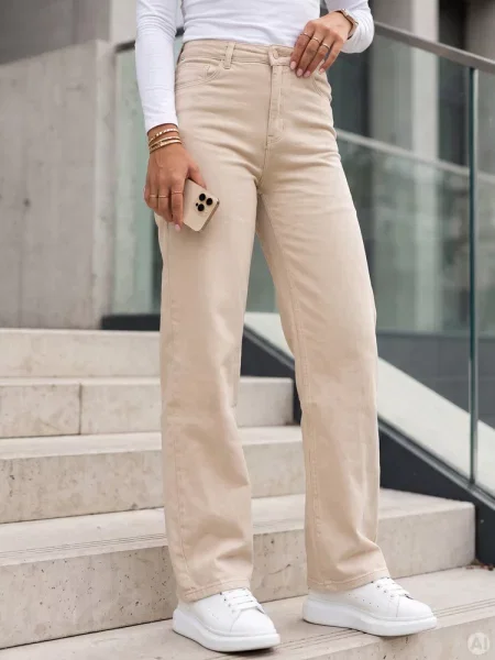 Jeansy regular fit z wysokim stanem Dstreet beżowe
