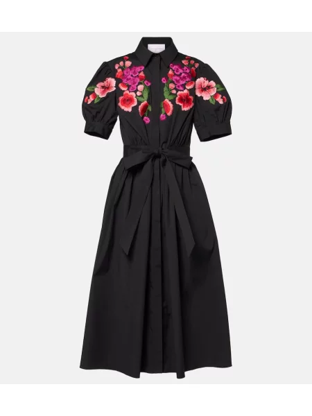 Haftowana sukienka koszulowa Carolina Herrera w kwiatki garniturowa czarna