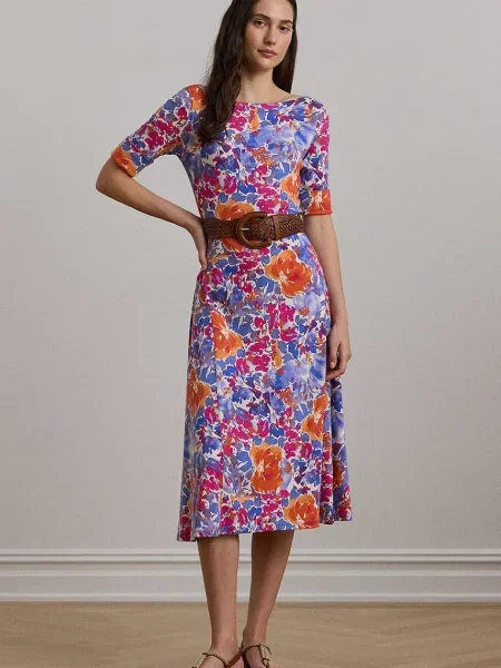 Lauren Ralph Lauren sukienka z dżerseju Kobiety wielokolorowy|pomarańczowy|lila|biały|wyrazisty róż wzorzysty L czerwona
