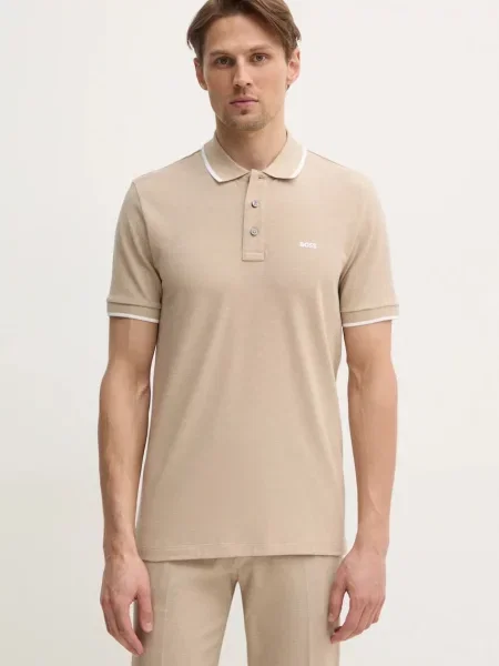Koszulka polo Boss w paski z paskiem ze stójką beżowa