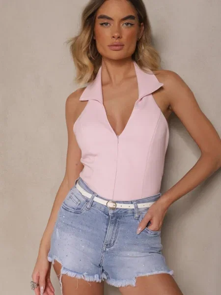 Szorty Jeansowe z Bawełny Ozdobione Cyrkoniami Folisca niebieskie