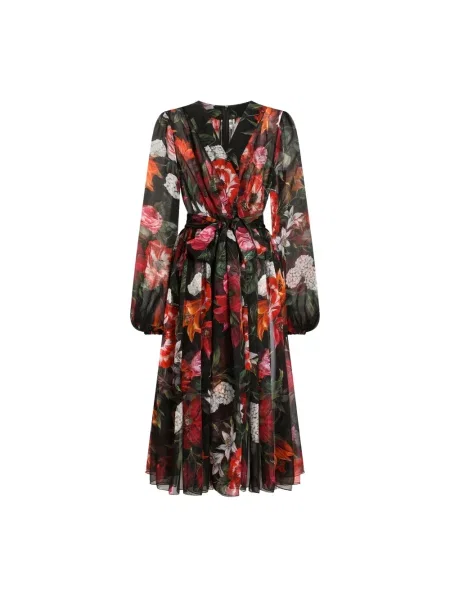 Sukienka Dolce And Gabbana szyfonowa w kwiatki czarna