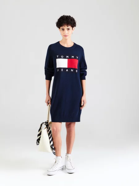 Tommy Jeans Pletené šaty tmavomodrá / červená biela