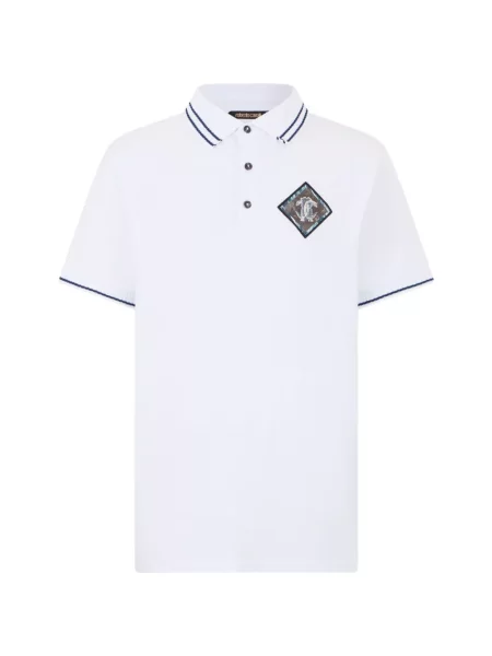 Tricou polo Roberto Cavalli cu dungi cu autograf alb