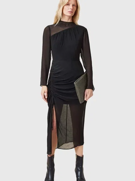 AllSaints sukienka z domieszką jedwabiu RIZO midi dopasowana czarny